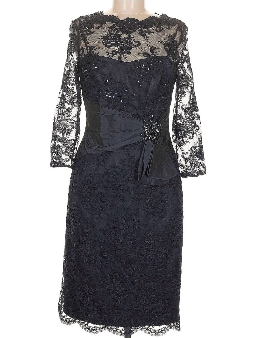 Teri Jon Black Lace Sheath Dress with Beaded Waist Detail